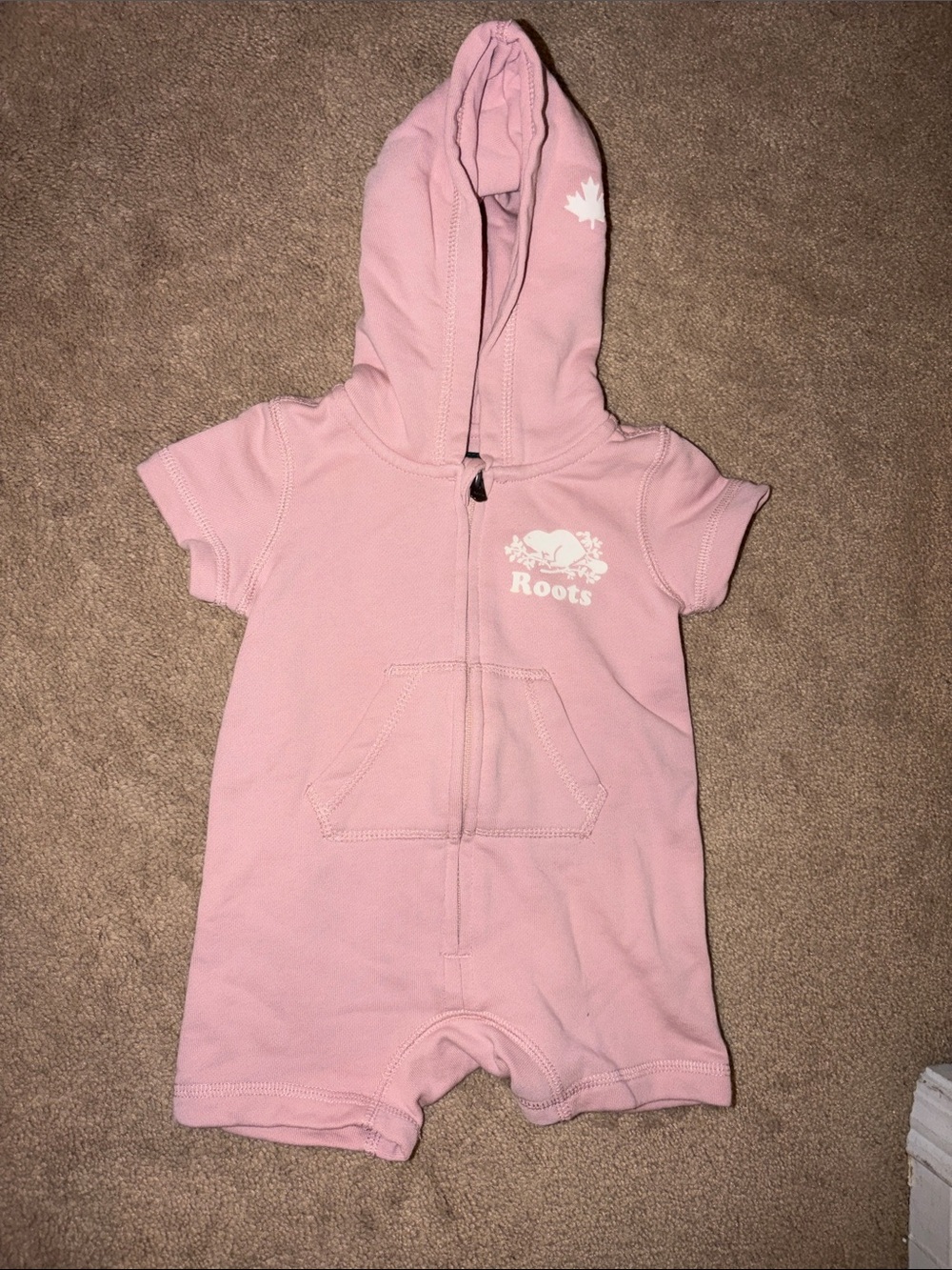 Roots Pink Hooded Short-Sleeve Baby One-Piece Romper
